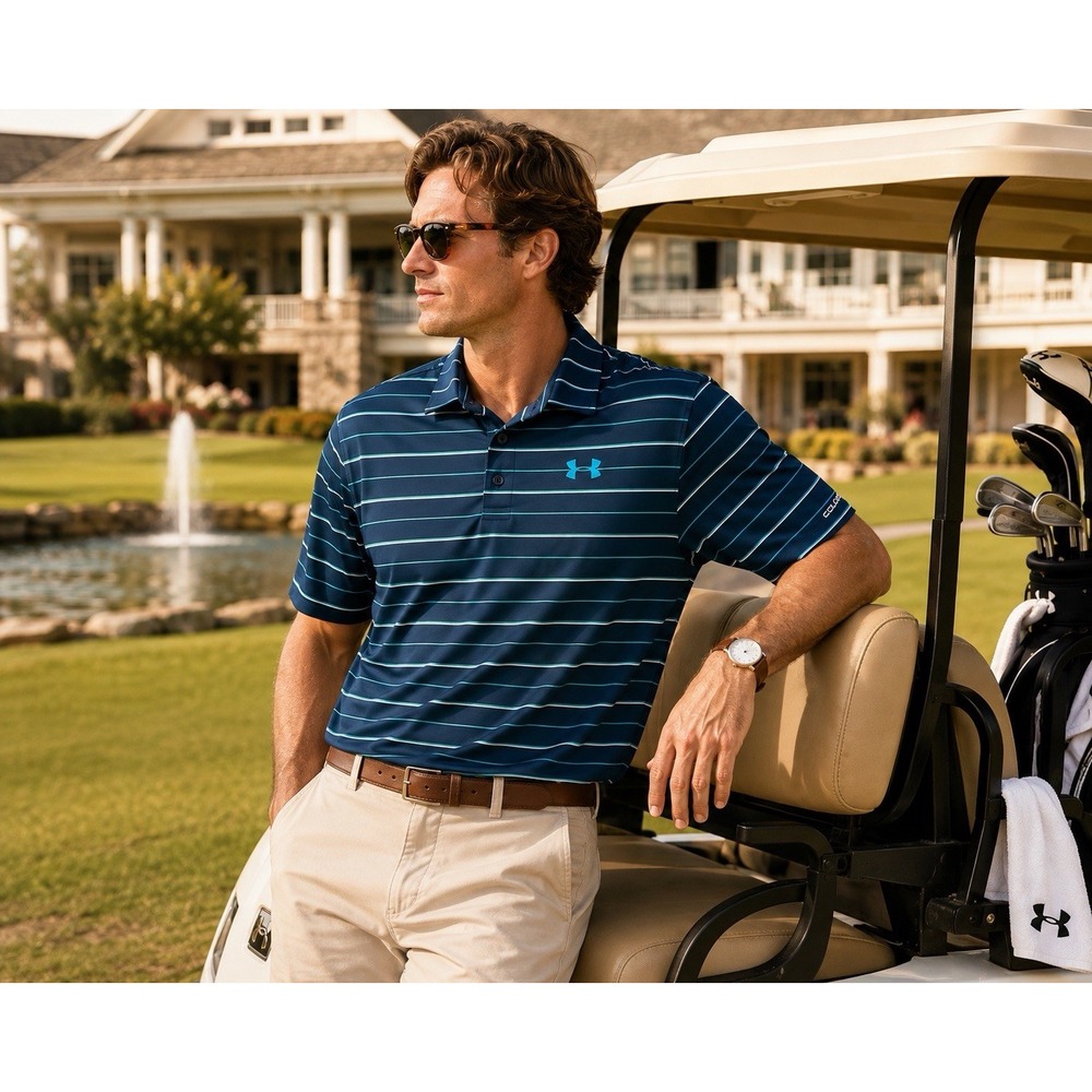 Under Armour ColdBlack HeatGear Golf Polo Men's XL Navy Blue Striped